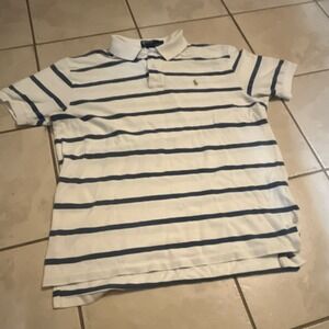 Polo Ralph Lauren Men's L White Blue Striped Polo Shirt 100% Cotton Logo